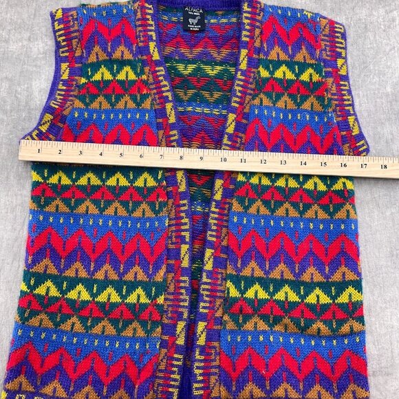 Alpaca Vest‎ Women Small Blue Red Yellow Stripe Sweater Hand Knit Wool Peru VTG - Picture 5 of 8